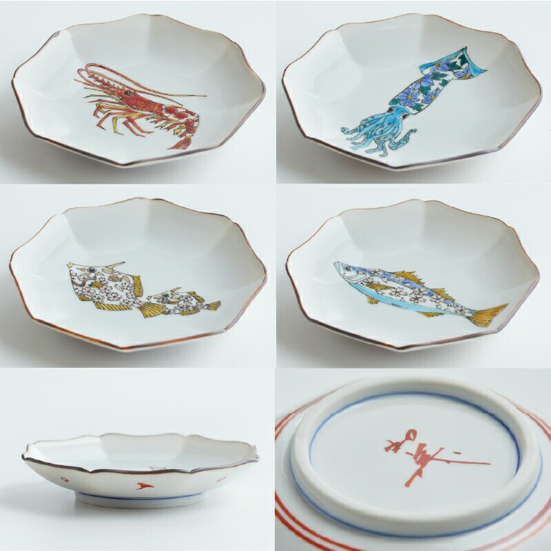 九谷焼「 色絵魚図 小皿揃 」 北村和義