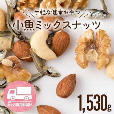 【定期便】小魚入り!無塩・素焼きのミックスナッツ1,530g×5ヶ月【健康&骨活!!!】.FE009