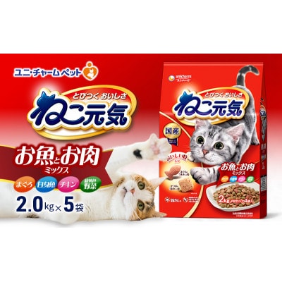 ねこ元気 お魚とお肉ミックス まぐろ白身魚チキン緑黄色野菜入 2.0kg×5袋[54030473]