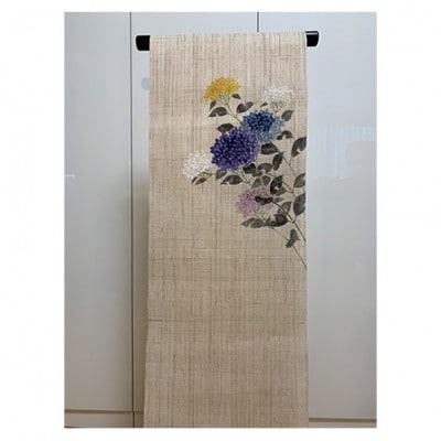 名古屋帯　麻　3種類の紫陽花柄　お仕立て上がり [54030318]