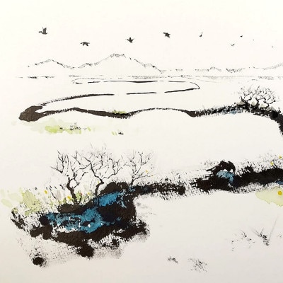 北海道釧路町の大自然　絵画「早春の釧路湿原」　1枚(F4号サイズ)