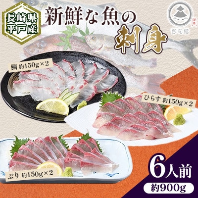 【長崎県平戸産】新鮮な魚 刺身～ひらす・鯛・ぶり～ 6人前 約900g(各約150g×2)詰め合わせ