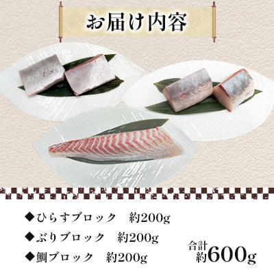 【長崎県平戸産】新鮮な魚 刺身用 ブロック 3種 約600g (各約200g) 詰め合わせ