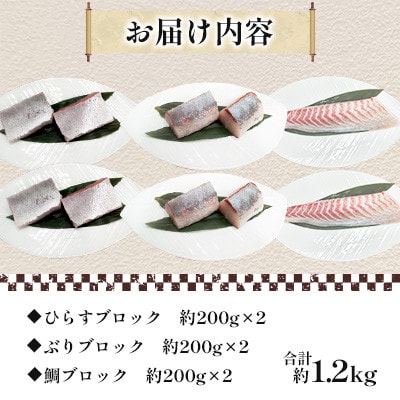 【長崎県平戸産】新鮮な魚 刺身用 ブロック 3種 約1.2kg(各約200g×2) 詰め合わせ
