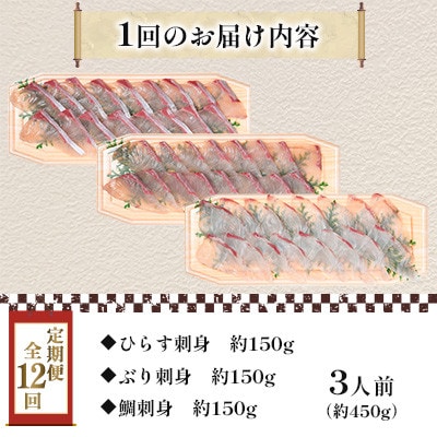 【毎月定期便】新鮮な魚! お刺身～ひらす・鯛・ぶり～ 3人前 約450g(各約150g)全12回