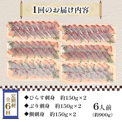 【毎月定期便】新鮮な魚! お刺身～ひらす・鯛・ぶり～ 6人前 約900g(各約150g×2)全6回