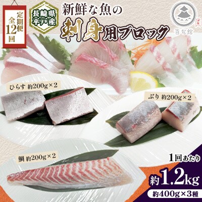 【毎月定期便】新鮮な魚! 刺身用 ブロック 3種 約1.2kg(各約200g×2)全12回