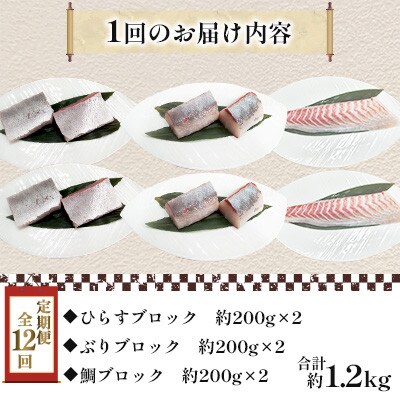 【毎月定期便】新鮮な魚! 刺身用 ブロック 3種 約1.2kg(各約200g×2)全12回