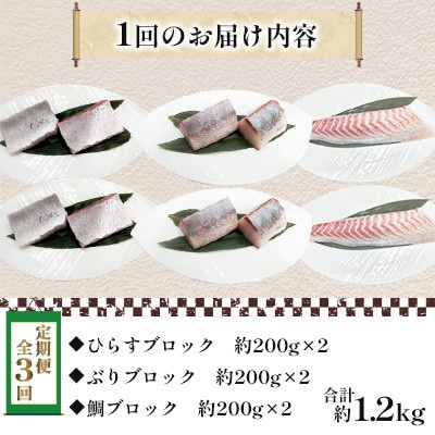 【毎月定期便】新鮮な魚! 刺身用 ブロック 3種 約1.2kg(各約200g×2)全3回