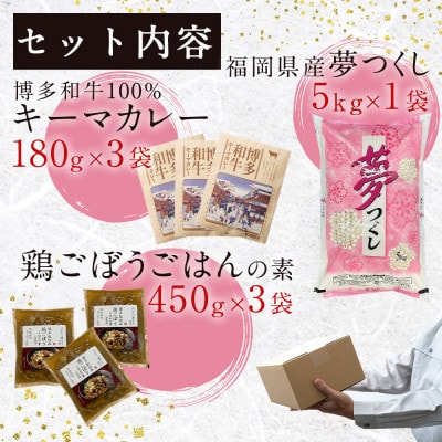 ごはんセット(夢つくし5kg・博多和牛のキーマカレー・はかた一番どり鶏ごぼうごはんの素)(那珂川市)