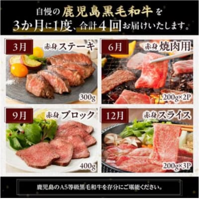 【発送月固定定期便】A5等級 鹿児島黒毛和牛 赤身牛肉 定期便(南九州市)全4回