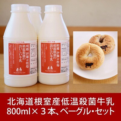 【年内配送可○】低温殺菌牛乳800ml×3本、ベーグル(クルミ・プレーン)各2個 A-13026