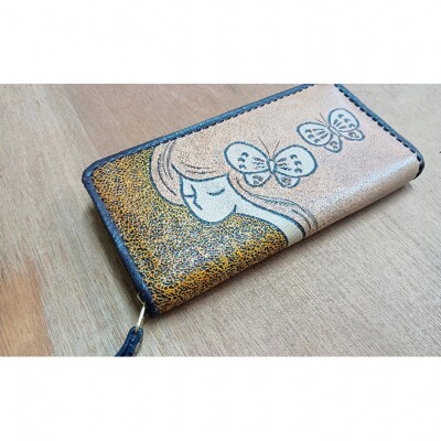 L型小銭入れ付きファスナー財布☆女性と蝶☆ イエロー[54071488]