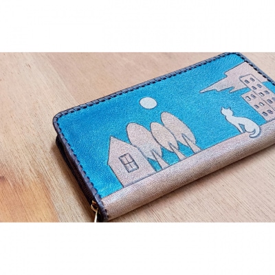 L型小銭入れ付きファスナー財布☆ねこ☆ パールスカイブルー[54071490]