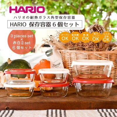 HARIO 角型 保存容器6個セット[KST-2012-OW]&[KST-2012-R] _BD32