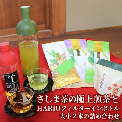 水出しでおもてなし!さしま茶の極上煎茶とHARIOフィルターインボトル大小2本の詰め合わせ_BA05