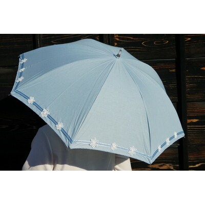雪華模様の刺繍入り日傘(晴雨兼用・サイズ50cm・UV加工・麻50%綿50%)水色 _BL22