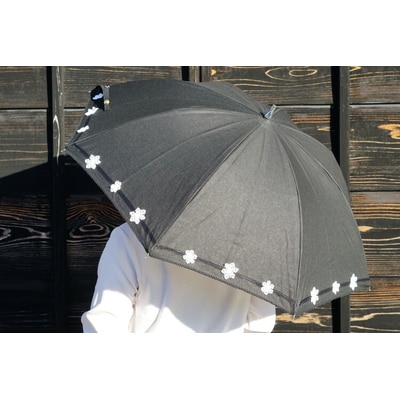 雪華模様の刺繍入り日傘(晴雨兼用・サイズ50cm・UV加工・麻50%綿50%)カラー:黒 _BL19