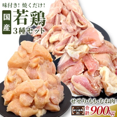 田口塩鶏 国産 若鶏 味付け肉 3種セット 900g(もも肉・むね肉・せせり) 鶏肉 奥三河どり
