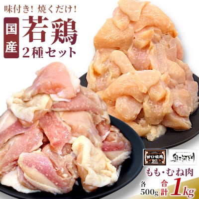 田口塩鶏 国産 若鶏味付け肉 2種セット 1kg(もも250g×2・むね250g×2) 奥三河どり