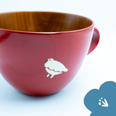 【赤】「らいちょう」漆絵入り 木製スープマグ【大】