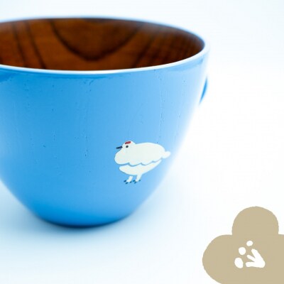 【ブルー】「らいちょう」漆絵入り 木製スープマグ