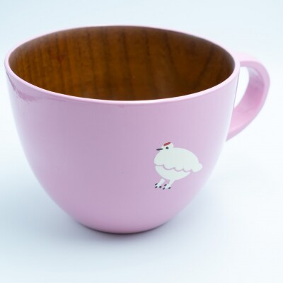 【ピンク】漆絵入り 木製スープマグ 300ml