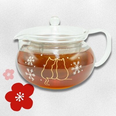 蒔絵で描いた 寄り添う猫 ガラス ティーポット  700ml (耐熱ガラス)