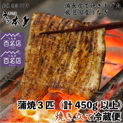 【冷蔵】国産 鰻 蒲焼《3尾》450g以上 タレ・うなぎのミニおつまみ付 〜明治37年創業「本多」〜