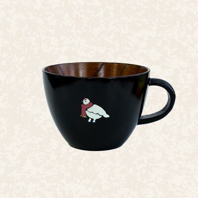 【黒】漆絵入り 木製 スープマグ らいちょう漆絵 【冬支度ver】300ml