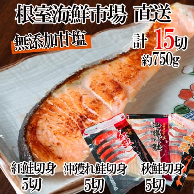 ＜12/10まで年内配送＞無添加甘塩天然鮭3種セット(計15切、約750g) G-14039