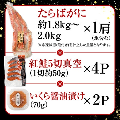 ＜12/10まで年内配送＞たらばがに約1.8～2kg、紅鮭4P、いくら70g×2P D-11059