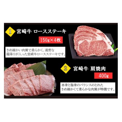 3回 定期便 宮崎牛 ロースステーキ 600g 肩焼肉 400g [31bd0023]