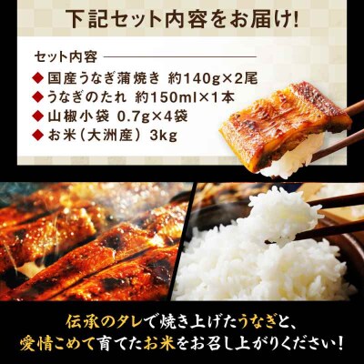 秘伝のタレで焼き上げた「うなぎ蒲焼き2尾」と生産者こだわりの「お米3kg」セット[AGAH004]