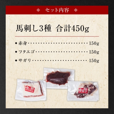 【定期便6回】馬刺し3種 450g (赤身 フタエゴ サガリ 各150g)_289-6749