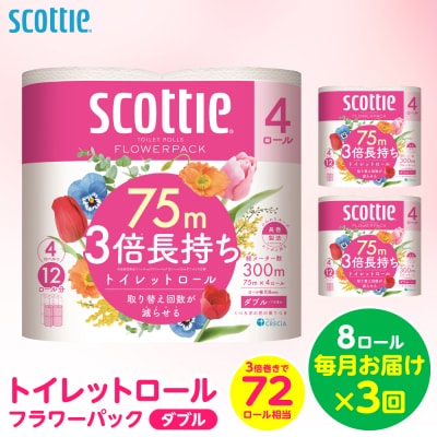 【毎月定期便】 トイレットペーパー ダブル 8ロール スコッティ 全3回_186-6442