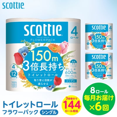 定期便6回・毎月お届け スコッティトイレットロールシングル8ロール 合計48ロール_186-6658