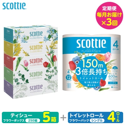 【毎月定期便】ティッシュ5箱+トイレットペーパーシングル4ロール スコッティ全3回_186-6706