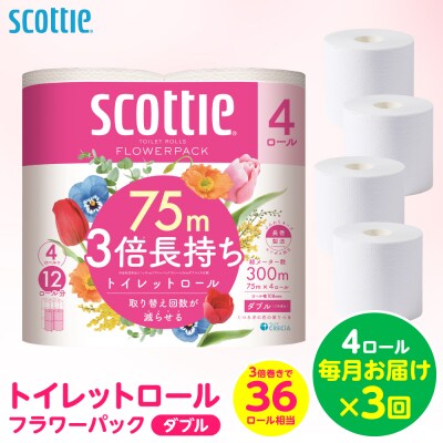 【毎月定期便】 トイレットペーパー ダブル 4ロール スコッティ 全3回_186-6717