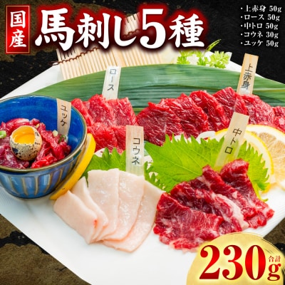 国産馬刺し5種計230g(上赤身、ロース、中トロ、ユッケ各50g コウネ30g )_306-7017