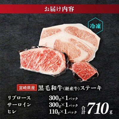 【訳あり】黒毛和牛 ステーキ 贅沢3種食べ比べセット(合計710g)【T025-0145】(都農町)