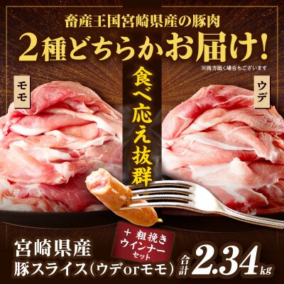 訳あり!宮崎県産豚スライス ウデorモモ&粗挽きウインナー計2.34kg　T030-2065　都農町