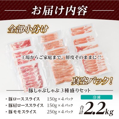 全部小分け真空パック!!宮崎県産 豚しゃぶしゃぶ 3種盛りセット合計2.2kg【T041-0025】