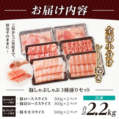 全部小分けシート巻き!!宮崎県産豚しゃぶしゃぶ3種盛りセット合計2.2kg【T041-0055】