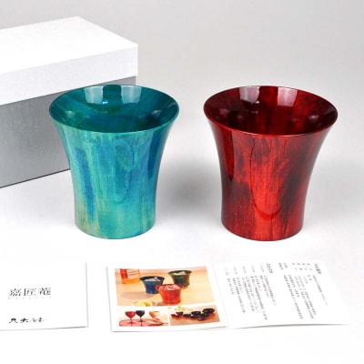 クールカップカラフル ペアセット ブルー/レッド 2個 天然木 漆器 F6P-0086