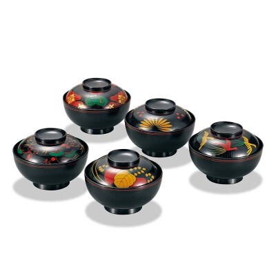 国産 山中塗 上級品 欅4.5 煮物椀 長寛5種絵 5客セット F6P-1883