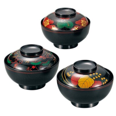 国産 山中塗 上級品 欅4.5 煮物椀 長寛5種絵 5客セット F6P-1883