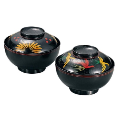 国産 山中塗 上級品 欅4.5 煮物椀 長寛5種絵 5客セット F6P-1883