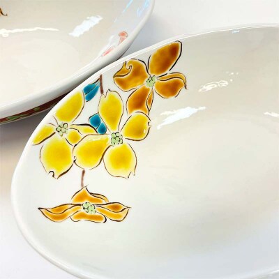 九谷焼 楕円ペア鉢 ハナミズキ 2個セット 伝統工芸 盛り鉢 食器 加賀 F6P-2862