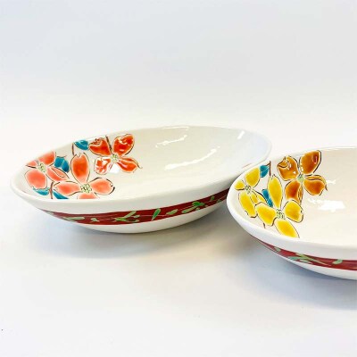 九谷焼 楕円ペア鉢 ハナミズキ 2個セット 伝統工芸 盛り鉢 食器 加賀 F6P-2862